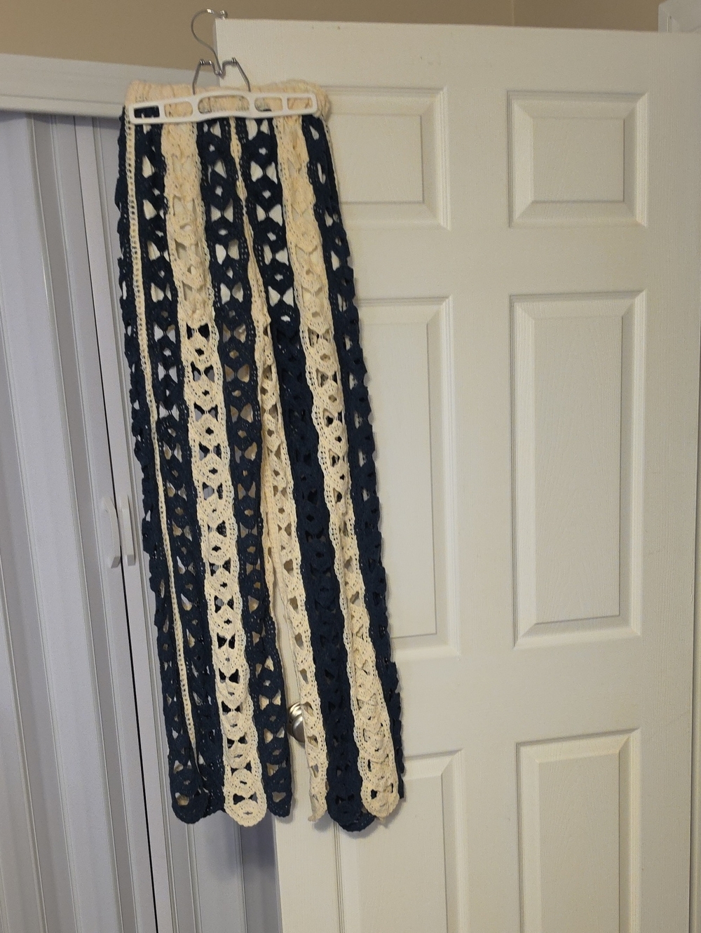 POL Navy and Cream Crochet Flare Pants